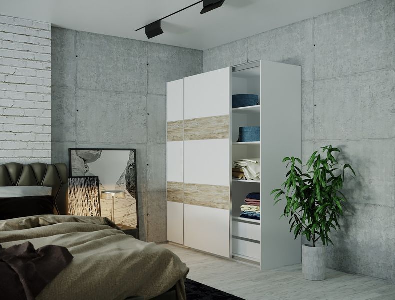 Шафа купе Doros L-Caiser з блоком шухляд і полицями, Doros 180x60x213 см, Білий / Білий вставки Клондайк, 2 ДСП фото